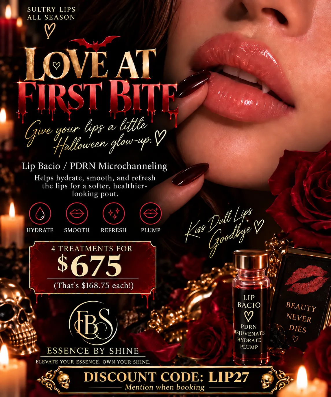 Love at First Bite Halloween promotion — Lip Bacio PDRN microchanneling, four treatments for $675.
