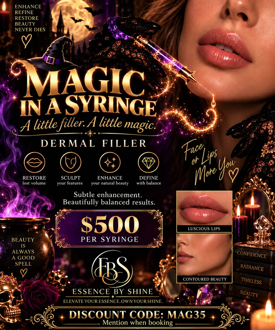 Magic in a Syringe Halloween promotion — dermal filler for face or lips, $500 per syringe.