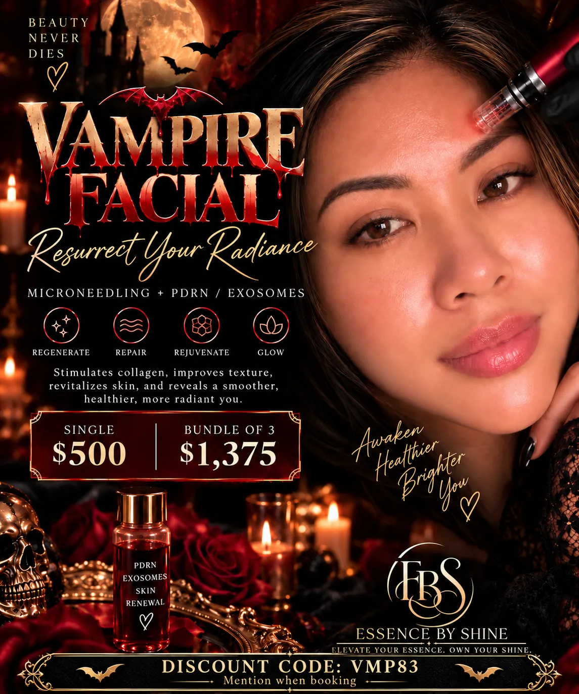 Vampire Facial Halloween promotion — microneedling with PDRN and exosomes, $500 single or $1,375 for a bundle of three.