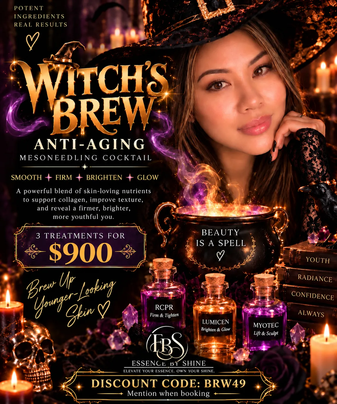 Witch's Brew Halloween promotion — anti-aging mesoneedling cocktail, three treatments for $900.